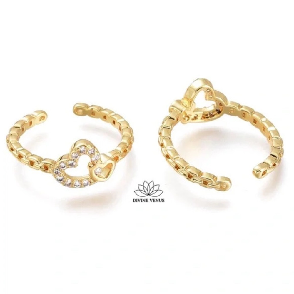 Double Heart Open Cuff Ring | Gold Plated Brass & Cubic Zirconia - Picture 4 of 5